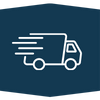 An icon of a delivery truck in motion, set against a dark blue background.