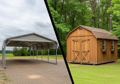 A split image showcasing the differences between a metal carport and a wooden shed, highlighting their respective designs and settings. On one side is a carport with a metal frame and open design, while on the other is a traditional wooden shed with a gable roof and double doors, set against a backdrop of lush greenery. Carport versus Shed Comparison