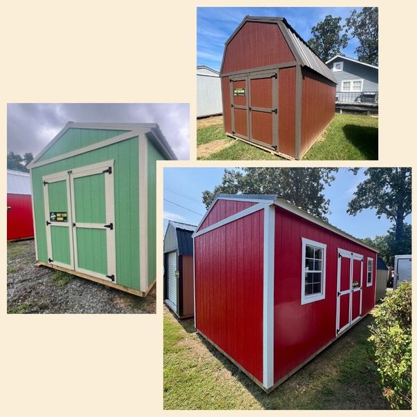 A collage of three different sheds.