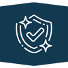 An icon of a shield with a checkmark and two sparkling stars, set against a dark blue background.