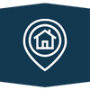 An icon of a map pin with a house symbol inside, set against a dark blue background.