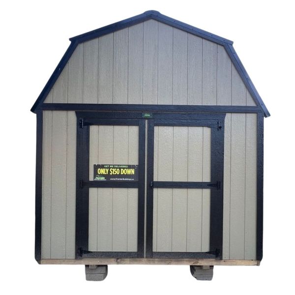 A beige shed with black trim and black double doors, featuring a gambrel roof, isolated on a white background. A "ONLY $150 DOWN" sign is on the doors.