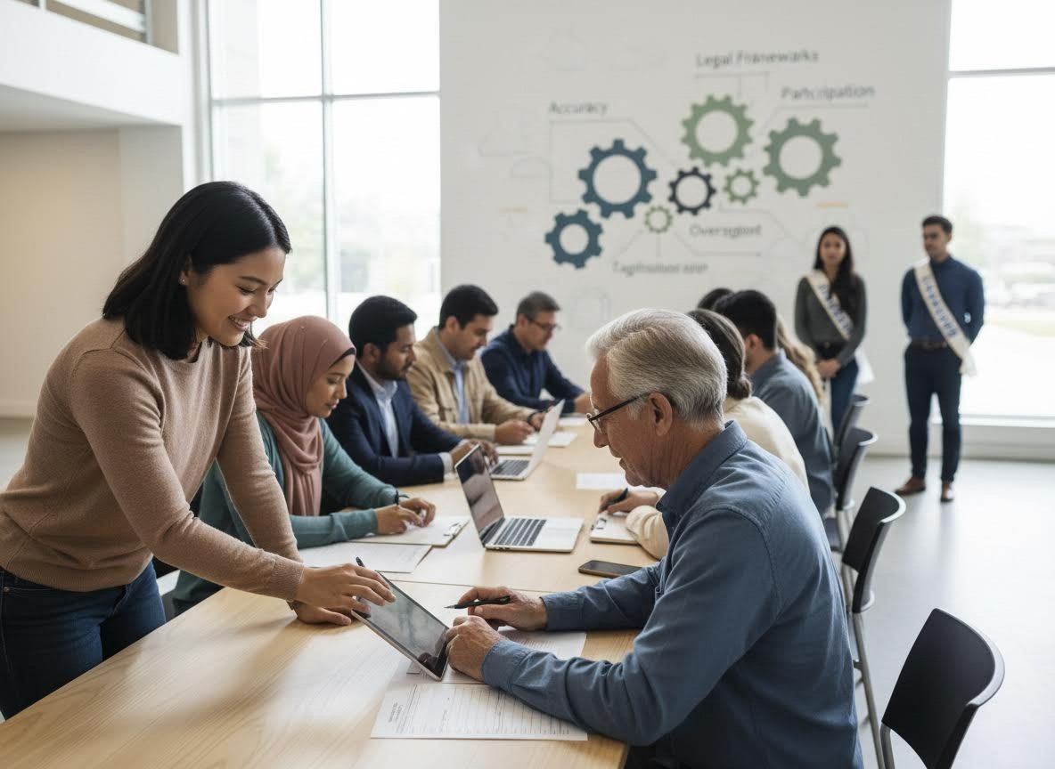 Diverse Group Collaborates at a Meeting Table with Technology