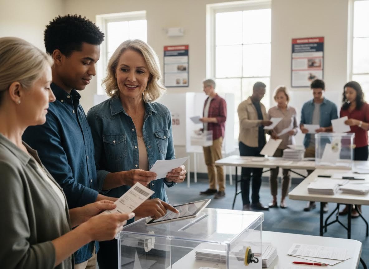 Diverse group of people voting at a polling station