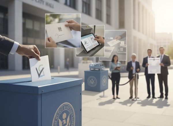 A hand casts a ballot into a blue election box, with insets showing digital signature capture, document scanning, and election officials. Secure Voting and Digital Verification Process