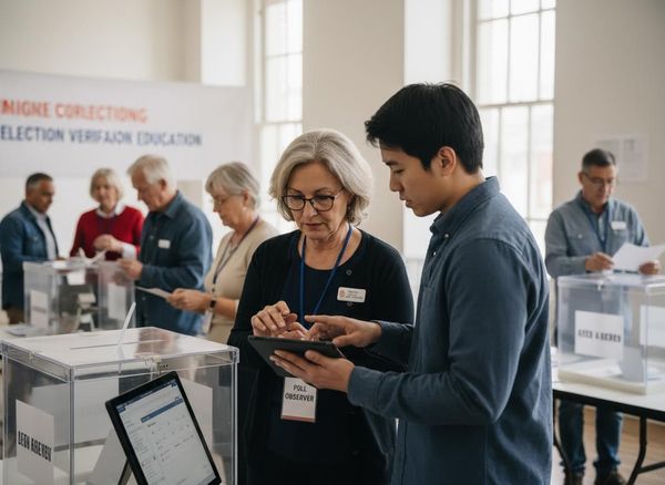 A female poll observer assists a young man using a tablet at a modern election booth, with other voters and staff in the background. Poll Observer Assisting Voter with Tablet at Election Booth