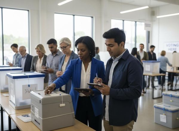 A Black woman casts her vote into a ballot box, while a South Asian man holds a tablet and pen, with other voters in line behind them. Diverse citizens voting at a polling station