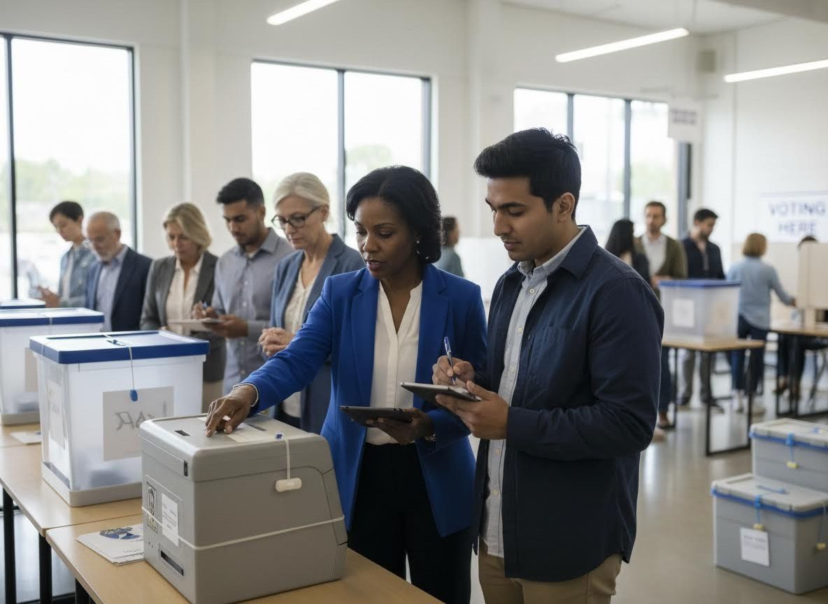 Diverse citizens voting at a polling station