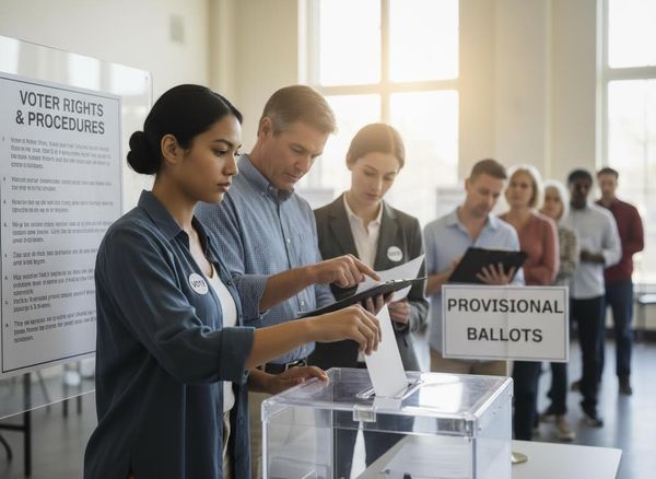 A woman drops a ballot into a clear box at a polling station. A man points at a document, while others wait in line to vote. Diverse group of people voting at a polling station