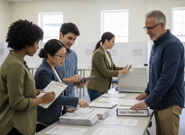 A diverse group of people, including staff assisting a man, review and process documents at a table with a "Legal Frameworks" sign. Diverse Individuals Reviewing Documents at a Registration Booth