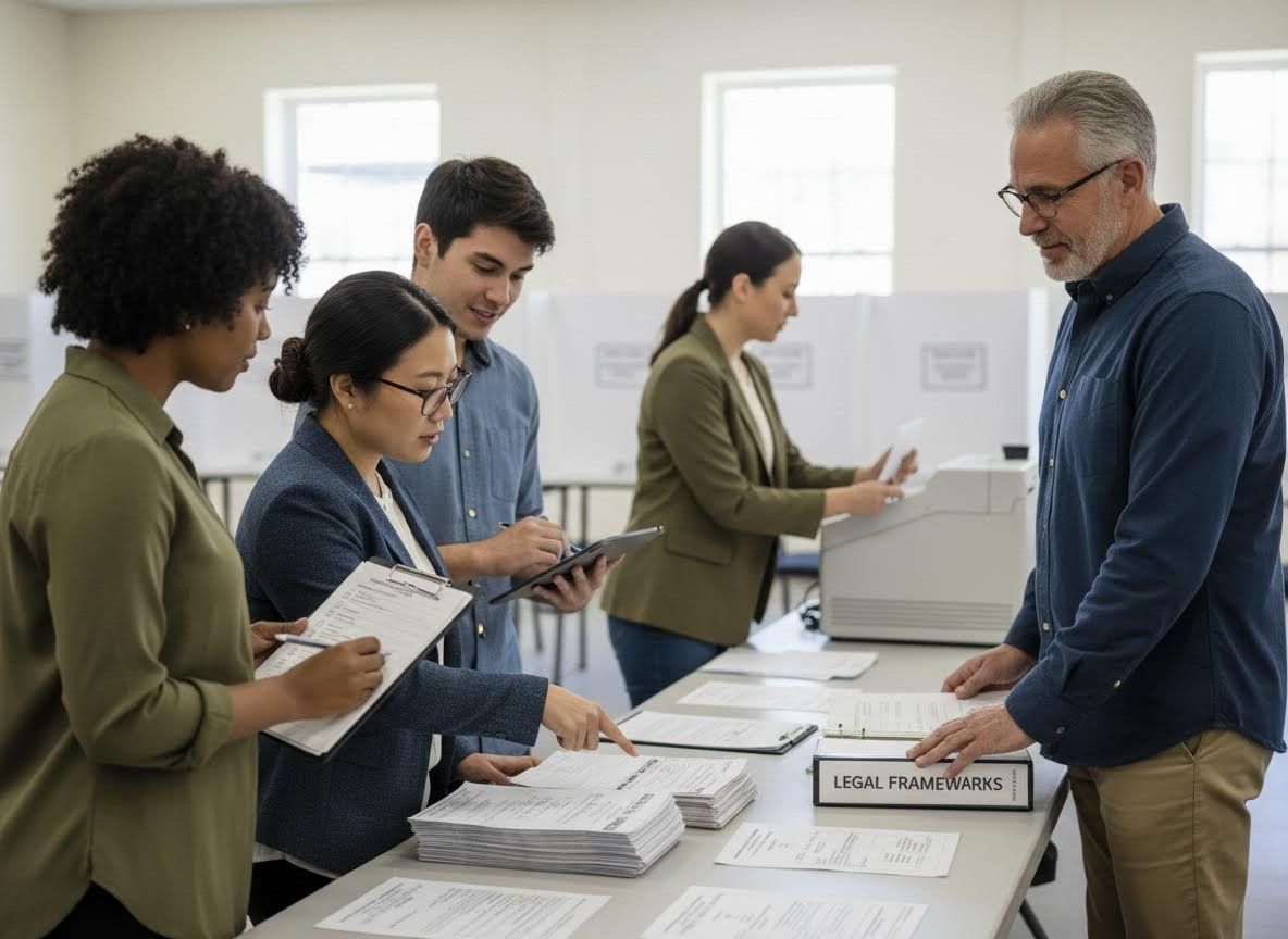 Diverse Individuals Reviewing Documents at a Registration Booth