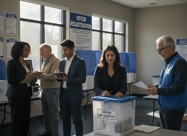 Individuals, including poll workers, register voters, verify forms, and cast ballots into a 'Chain of Custody' box at a polling station. People registering to vote or casting ballots at a polling station