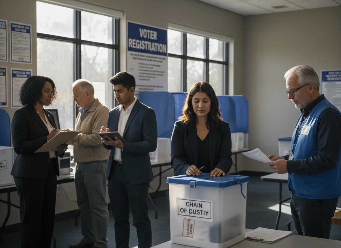 People registering to vote or casting ballots at a polling station
