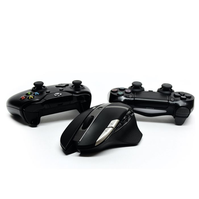 black gaming controllers on white background