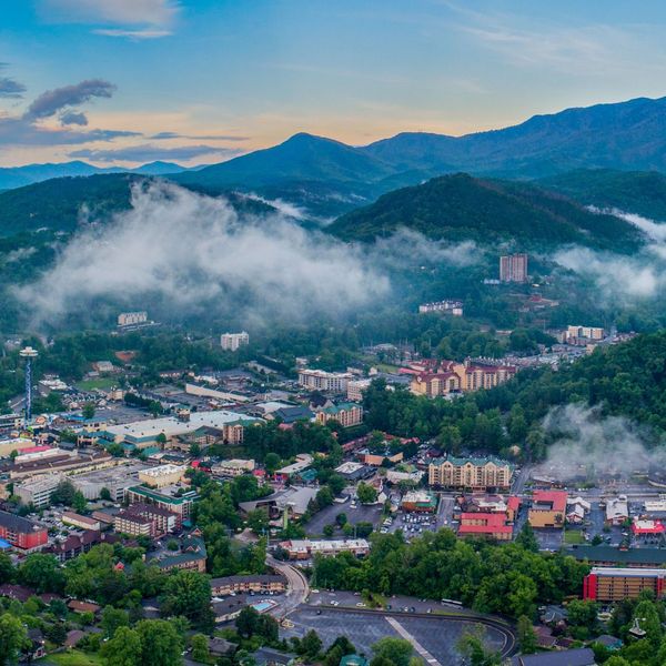 Looking over Gatlinburg with mist coming down from the mountains