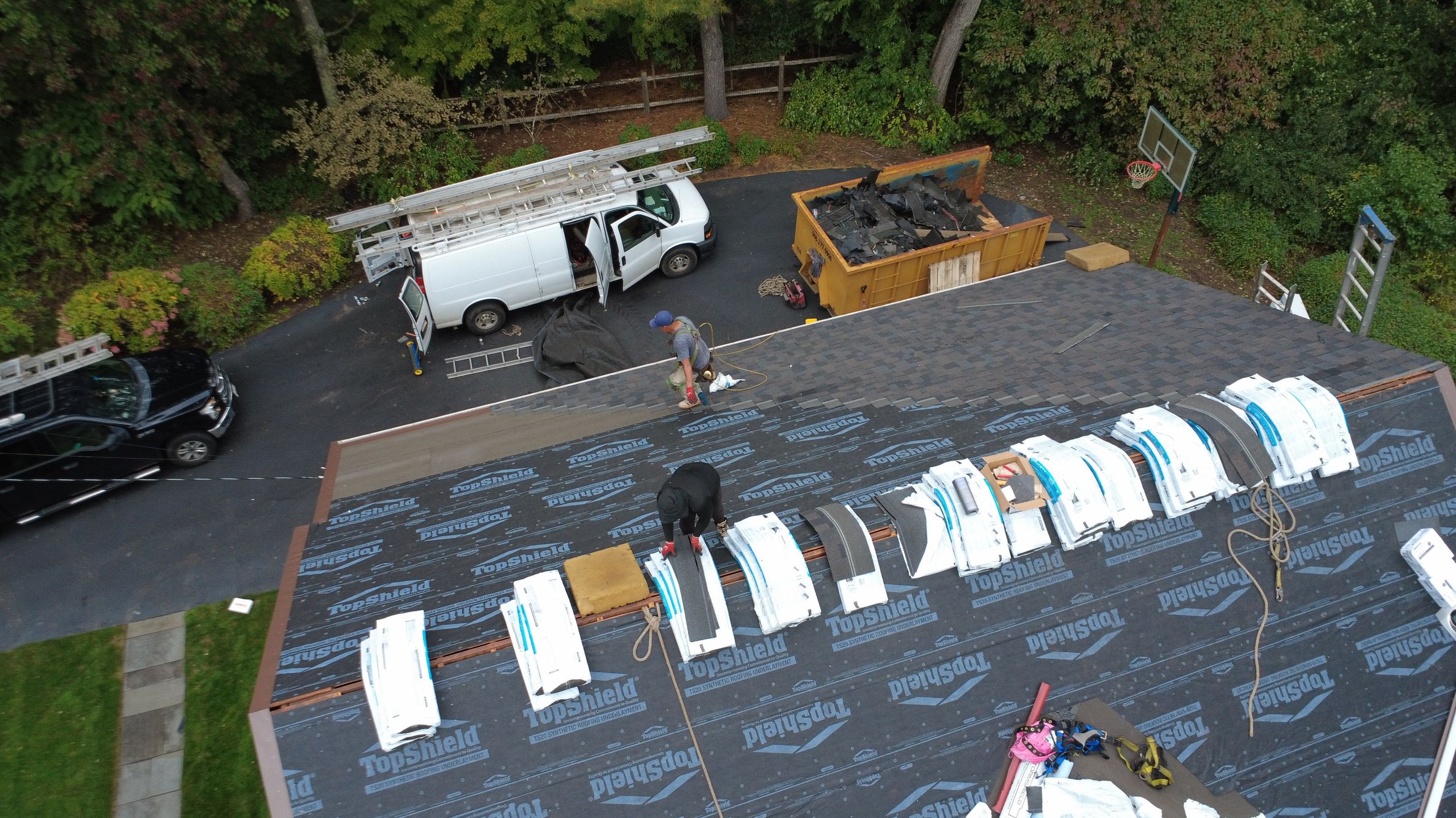 Drone view of top of roof -In progress roof installation by Natarelli & Son Roofing and Gutters in Needham MA In progress roof installation by Natarelli & Son Roofing and Gutters in Needham MA
