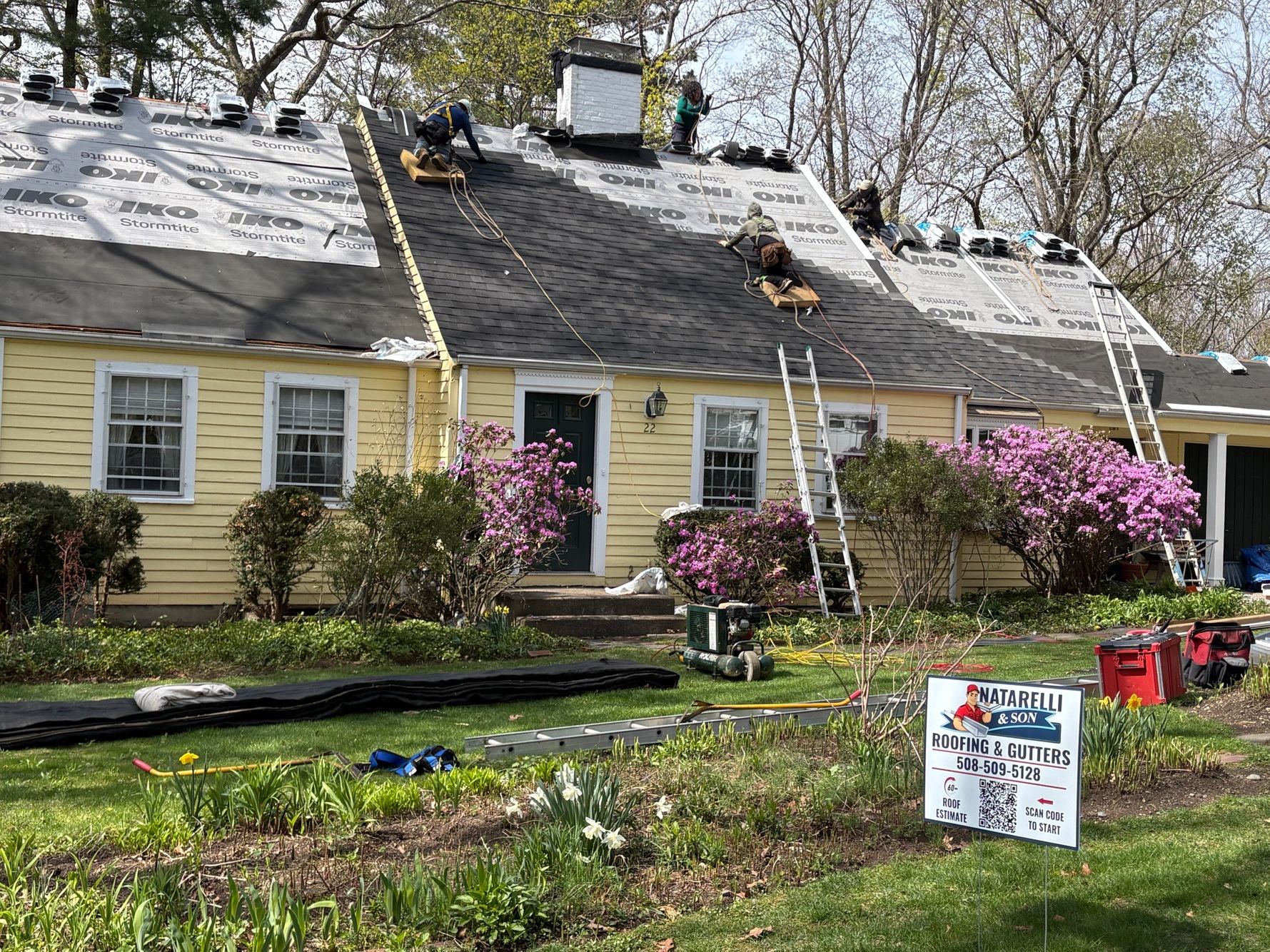 Old weathered asphalt shingle roof in Wellesley Massachusetts prior to a full roof replacement project.