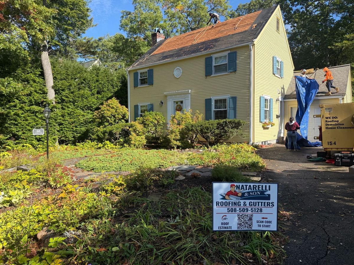 Natarelli & Son Roofing and Gutters crew installing a new architectural style roof in Wellesley MA
