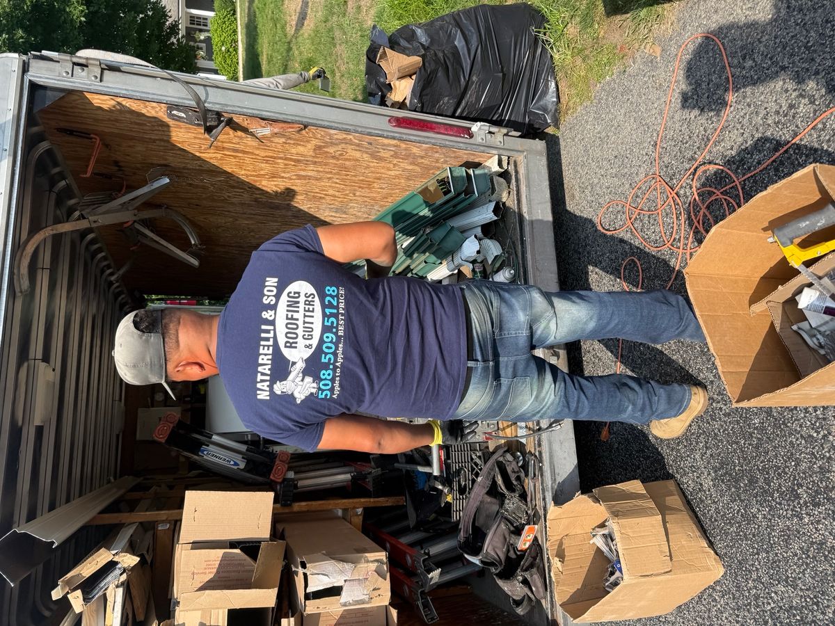 Natarelli & Son Roofing and Gutters Crew working to install Seamless Gutters and Leaf Guard in Wellesley MA
