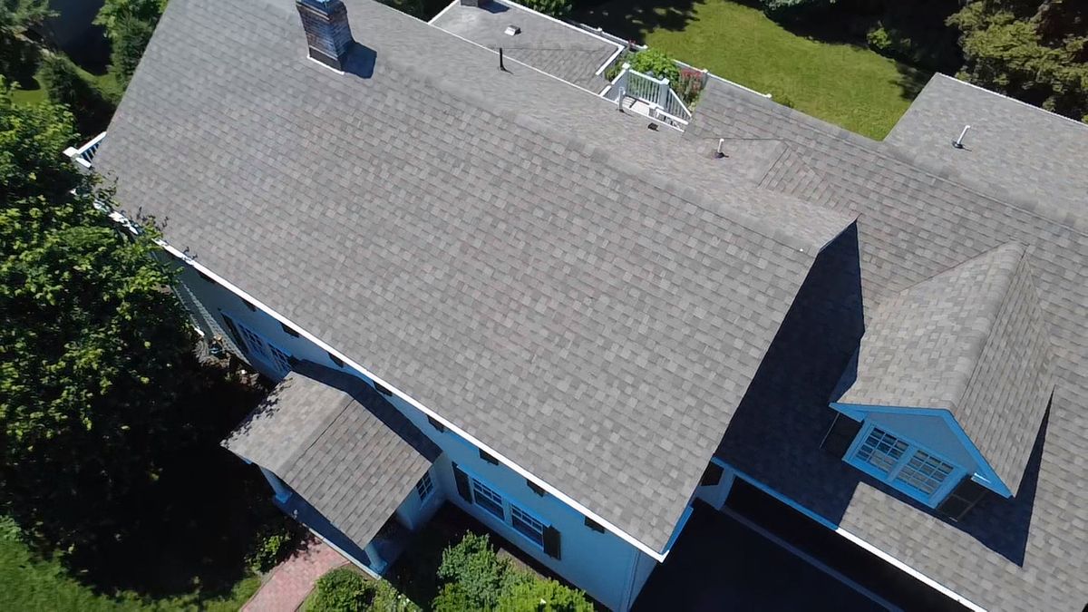 Front aerial view of Architectural Roof Replacement on estate home in Natick MA