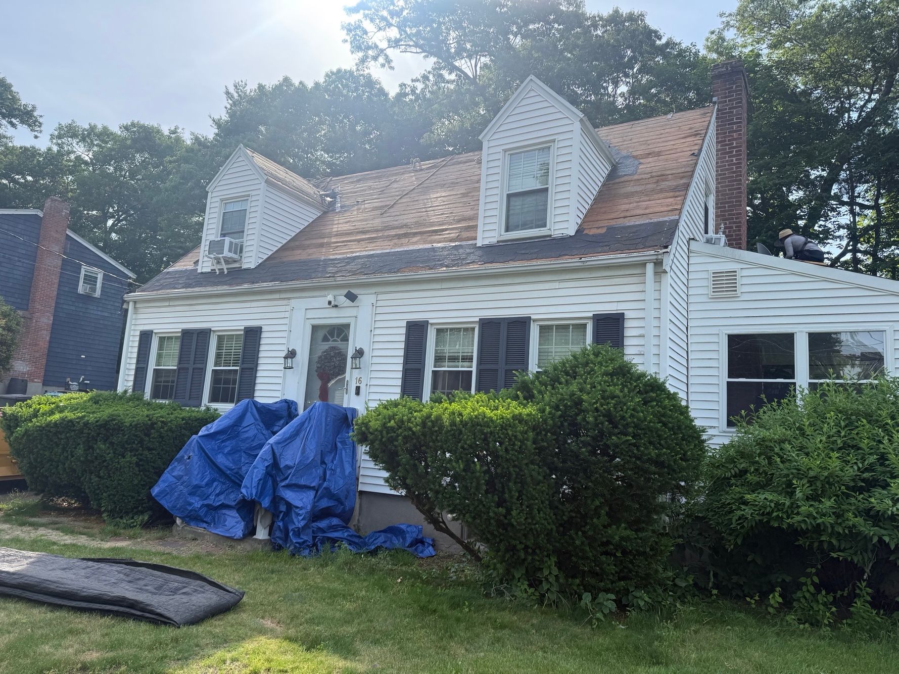 Roofing crew removing old worn shingles during the start of a full re-roof project on a residential home in Natick, Massachusetts. Roof tear-off during re-roof project in Natick MA