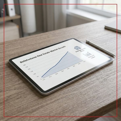 A close-up, top-down stock photo of a modern tablet displaying a professional line graph indicating upward real estate market growth trends in Bellefontaine, Ohio, with a stylus pen beside it.
