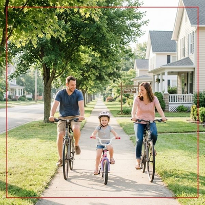 A candid, sunlit lifestyle photo of a family riding bicycles on a sidewalk in a quiet Bellefontaine, Ohio, residential neighborhood, near a sign pointing toward Maris Park.
