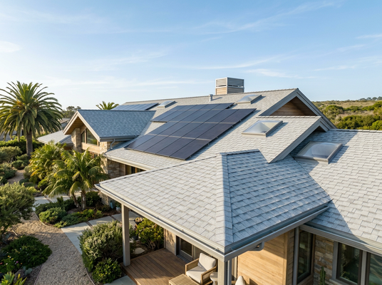 Aerial view of a modern house with a gray shingle roof, multiple solar panels, and skylights, surrounded by palm trees and green gardens. Modern House with Solar Panels and Lush Landscaping