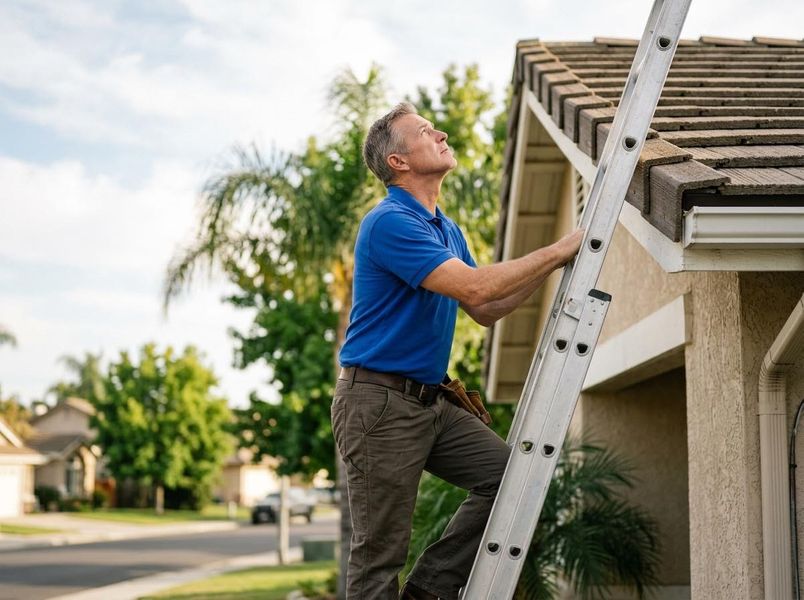man in blue shirt climbing up onto a roof