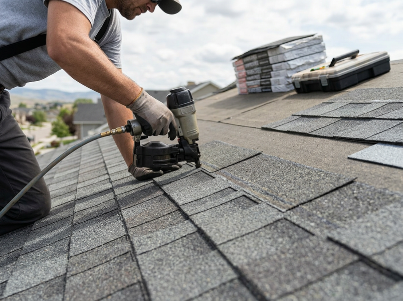 Roofer Installing Shingles with Nail Gun