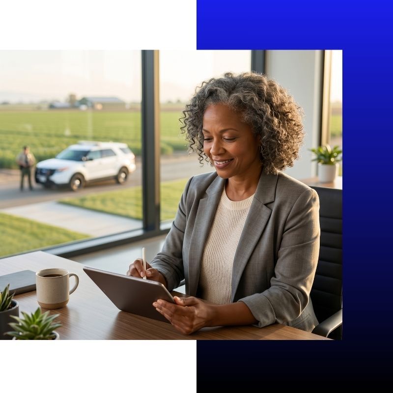 A business owner working comfortably on a tablet with a security patrol vehicle guarding the property outside her window.