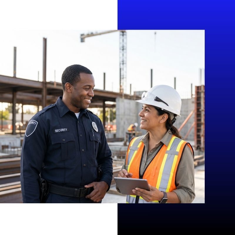 A professional security officer smiling and talking with a construction manager at a job site.