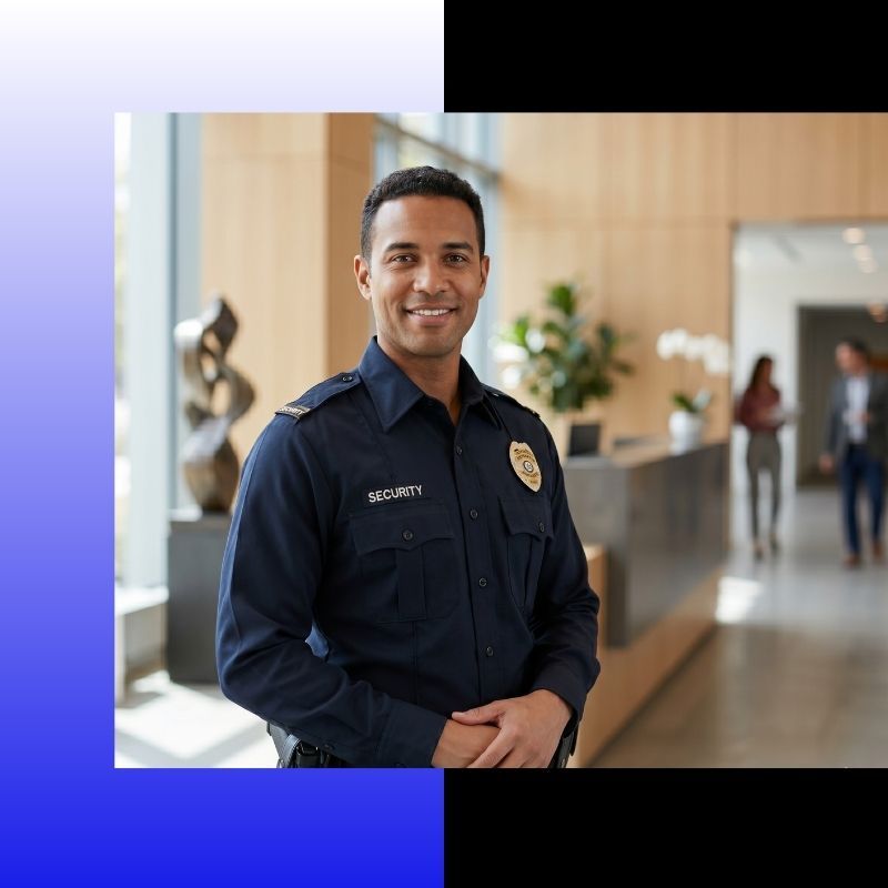 A friendly, professional security guard standing in a bright, modern office lobby.