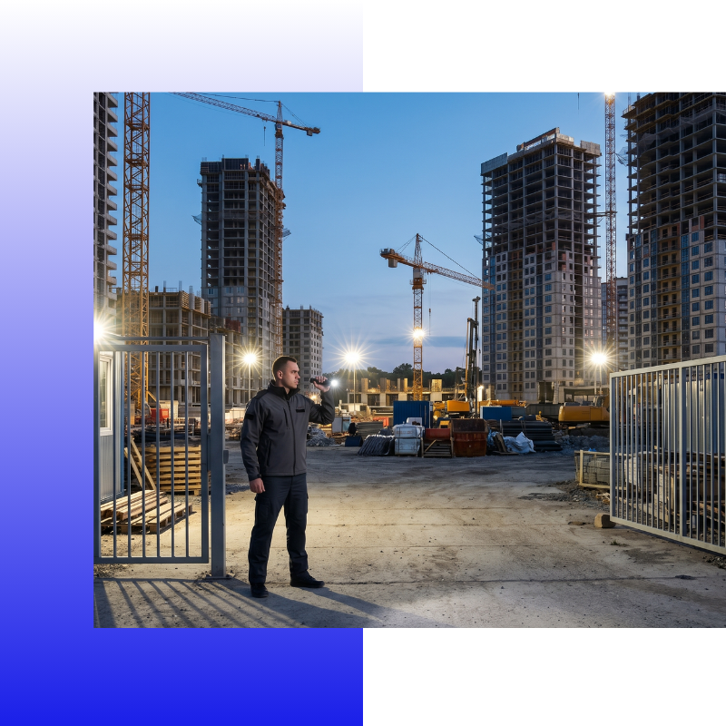 professional security guard in a charcoal tactical jacket and black trousers monitors a secured construction site entrance during twilight. He holds a flashlight.