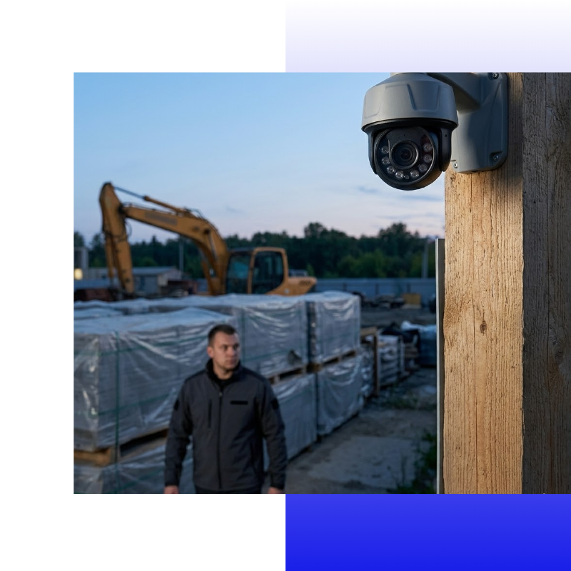 A close-up square stock photograph shows a modern, rugged dome security camera mounted on a weathered wooden post.