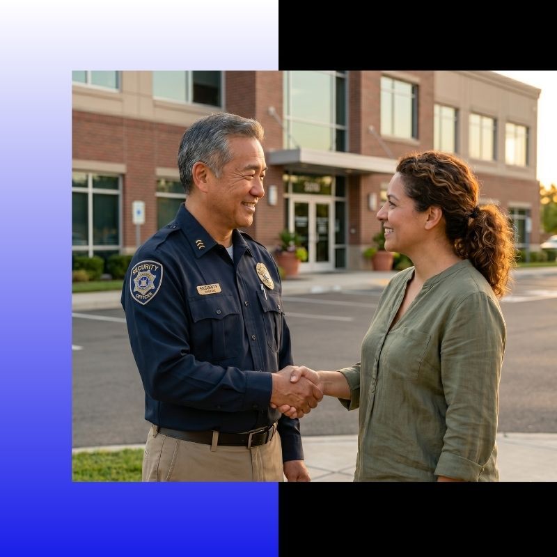 A local security leader smiling and warmly shaking hands with a client outside a commercial building.