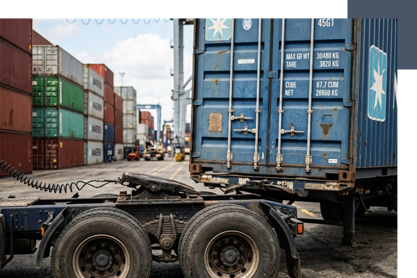 A shipping container being loaded onto the trailer of a semi-truck