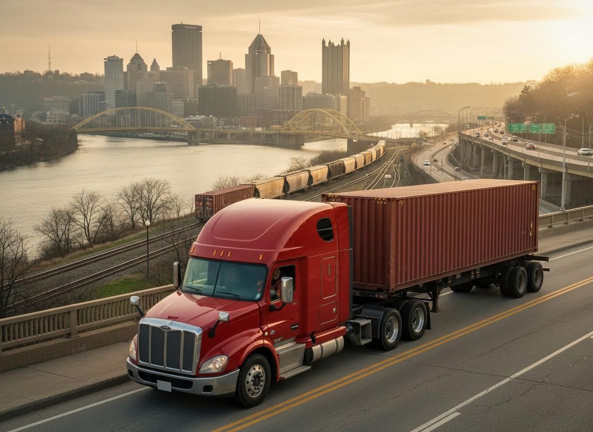 Red Semi-Truck Hauling Container in Urban Landscape at Golden Hour