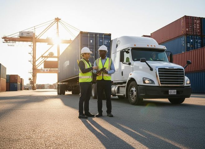 Two men in safety vests and hard hats discuss cargo next to a semi-truck and shipping containers at sunset, with a large crane in the background. Logistics Workers at Container Port