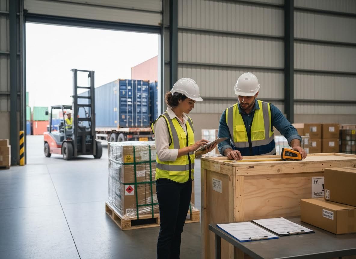 Logistics Workers Measuring Crate in Warehouse