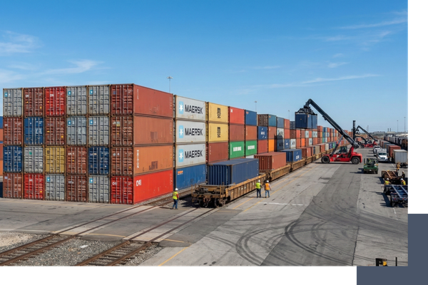 A yard of stacked shipping containers, and a craine lowering them down