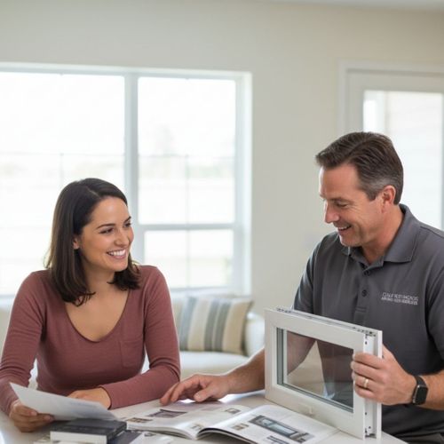 Happy couple reviewing window replacement options with a contractor