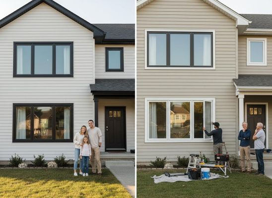 Before and After Home Renovation with New Windows and Happy Family