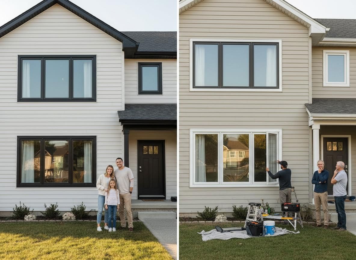 Before and After Home Renovation with New Windows and Happy Family