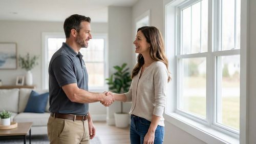 A friendly window contractor shaking hands with a smiling homeowner in front of a newly installed, large window in a bright living room.