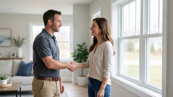 A friendly window contractor shaking hands with a smiling homeowner in front of a newly installed, large window in a bright living room.