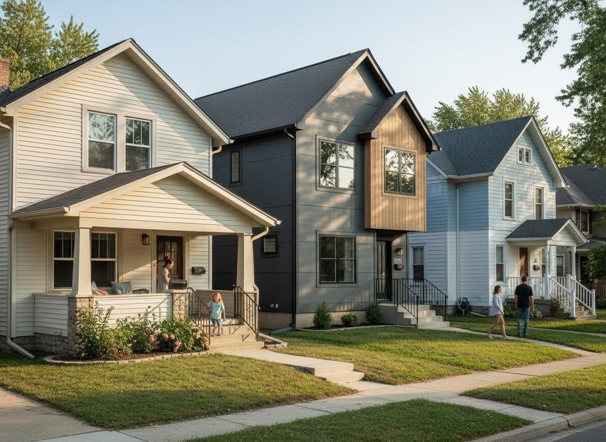 Residential street with diverse housing styles