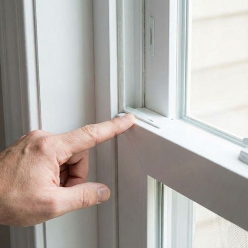 A close-up view of a person's hand pointing to the high-quality weather seal on the frame of a new vinyl window.