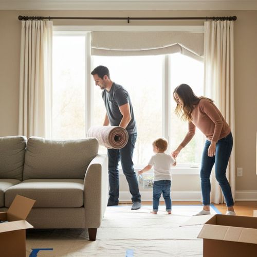 Family clearing living room for window installation