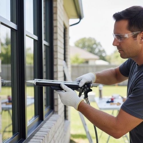 Construction worker sealing a new window frame